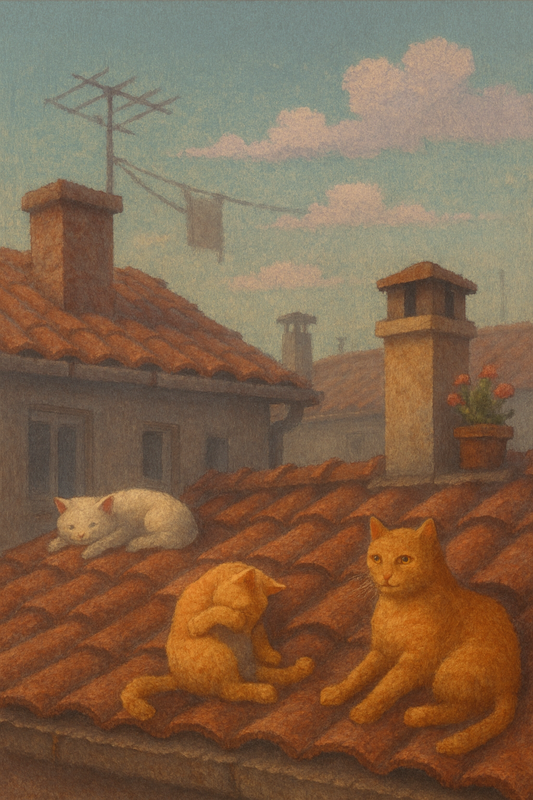 Tablou Canvas Premium, ArtWork A1991, Pisicile de pe Acoperiș, Boem, Urban, Living, Dormitor, Nuanțe Calde