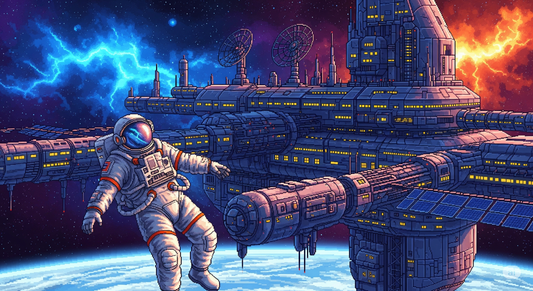 Tablou Canvas Premium, ArtWork A1988, Astronaut în Derivă, Pixel Art, Retro-Futuristic, Living, Gaming Room, Culori Vibrante